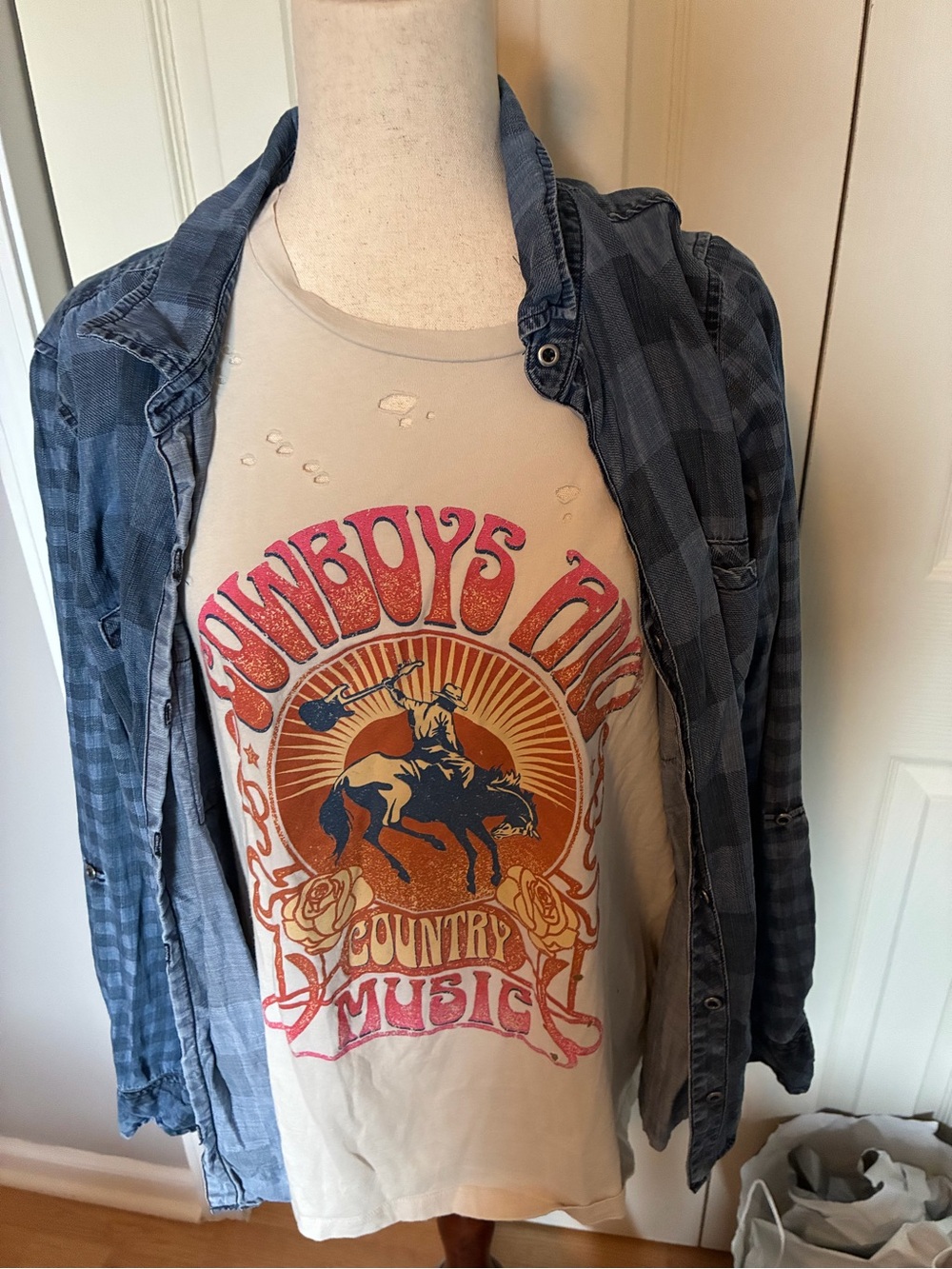 Women's Beige 'Cowboys and Country Music' Graphic Tee w/Flannel Shirt